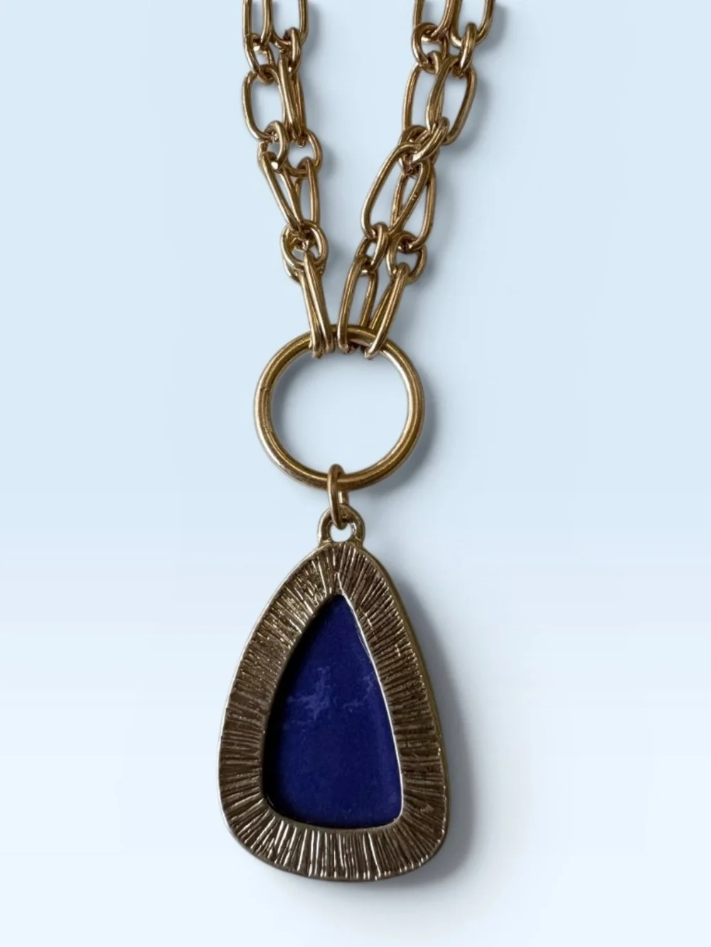 Goldtone Double Chain Necklace with a Blue Glass Pendant by Plunder Design - Picture 7 of 11